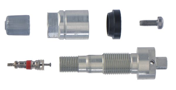 Tire Pressure Monitoring System - TPMS Sensor Service Kit - Without Clamp-In Sensor Rubber Body/ Aluminum Valve Stem/ Electroless Nickel Plated Valve Core/ Anodized Aluminum Nut/ Grommet/ Valve Sealing Plastic Cap - Schrader TPMS Solutions - 34000