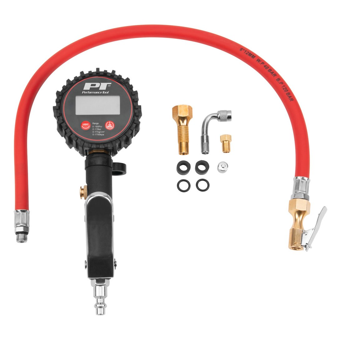 Spare Tire Inflation Kit - Inflation Gun/ Digital Gauge/ 20 Inch x 1/4 Inch Rubber Lead Hose/ Clip-On/ Screw-On/ Right Angle And Presta Valve Air Chucks/ (4) Rubber Valve Seals/ (2) AAA Batteries - Performance Tool - M526